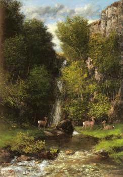 Gustave Courbet : A Family of Deer in a Landscape with a Waterfall